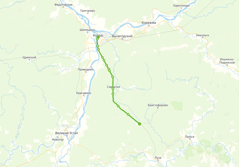 Маршрут пригородного поезда Котлас-Южный – Сусоловка