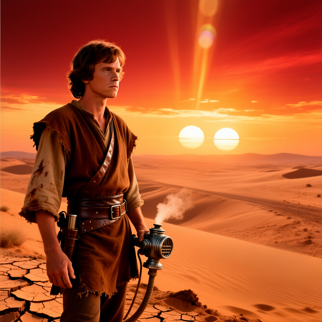 Люк Скайуокер на фоне заката Татуина