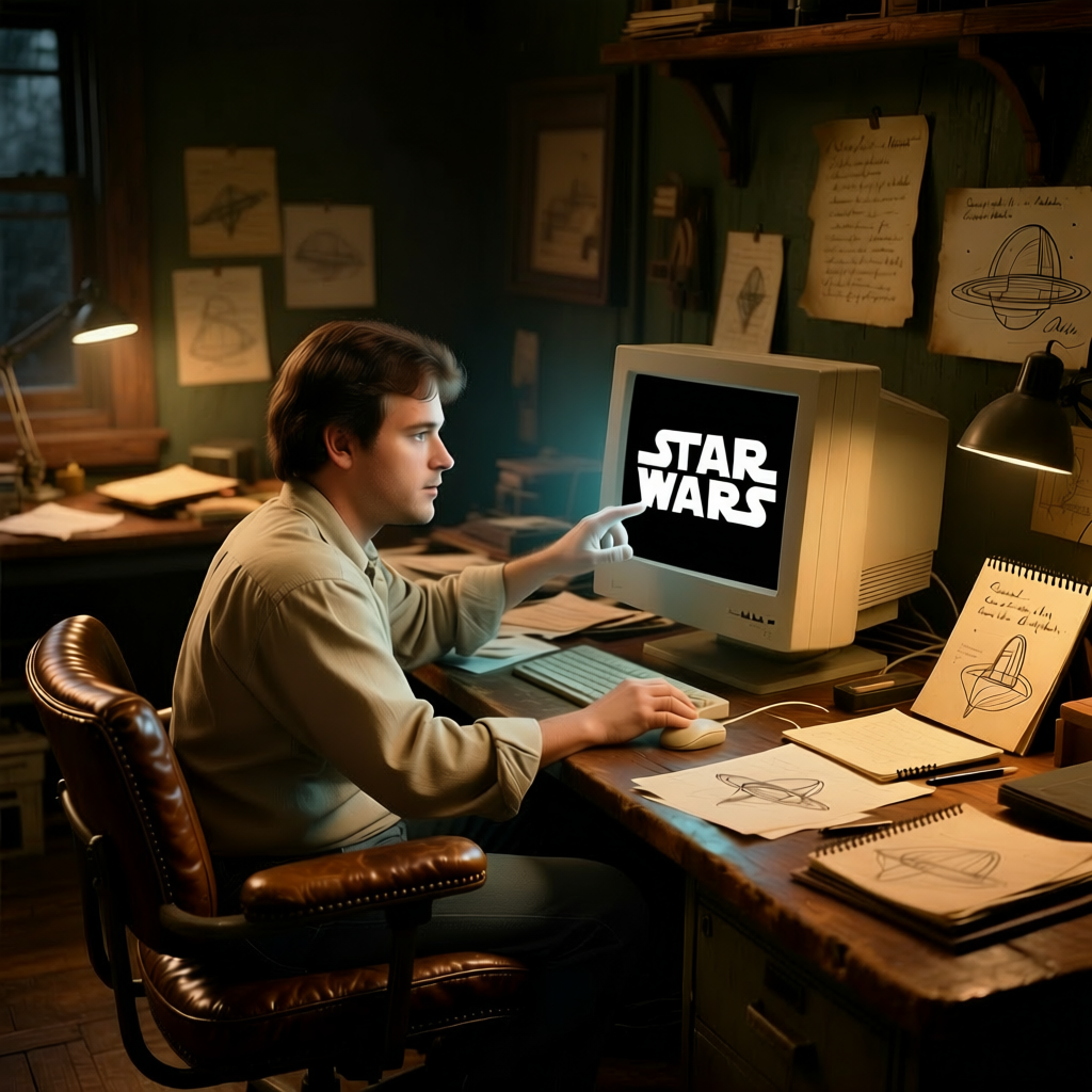 Джордж Лукас сидит за столом, окруженный сценариями и набросками