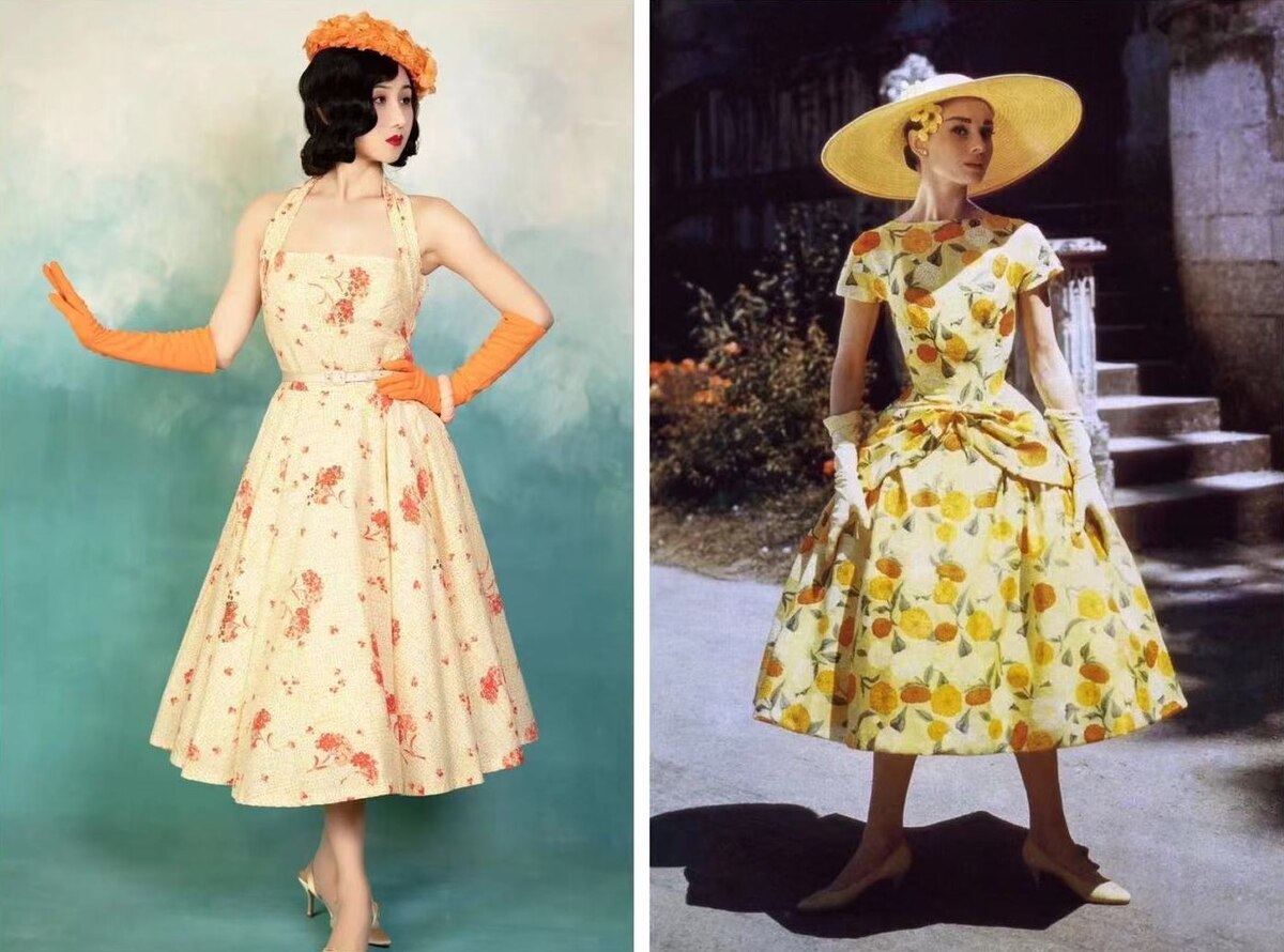 Корсетная юбка-зонтик с цветочным рисунком от Одри Хепберн в 1950-х годах. Источник: https://www.cls.cn/detail/775071