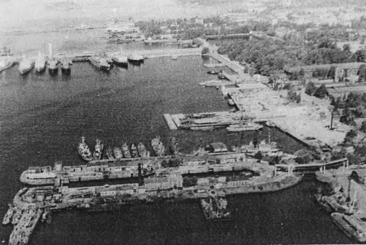 Гавани Кронштадта. На заднем плане - Купеческая, в центре - Средняя. На переднем плане - часть Лесной гавани и бывший Николаевский док (Фотография 1995 года из фонда ЦВММ)