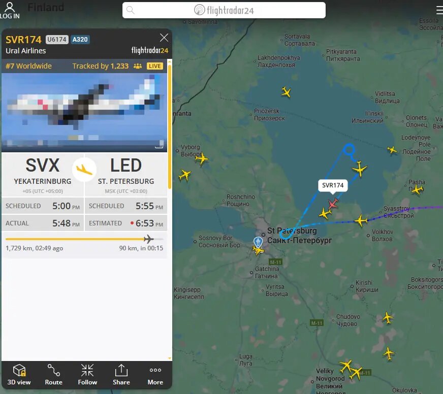    Фото: скриншот с сайта flightradar24.