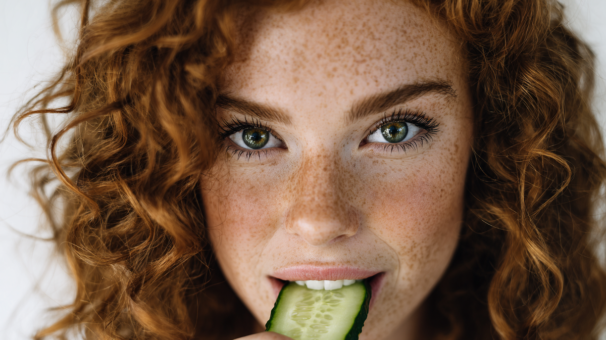 «Молодая женщина с рыжими кудрявыми волосами и веснушками ест свежий огурец — символ здорового питания и растительного кето-рациона без мяса. Концепция кето для вегетарианцев и веганов, кето на растительной основе».