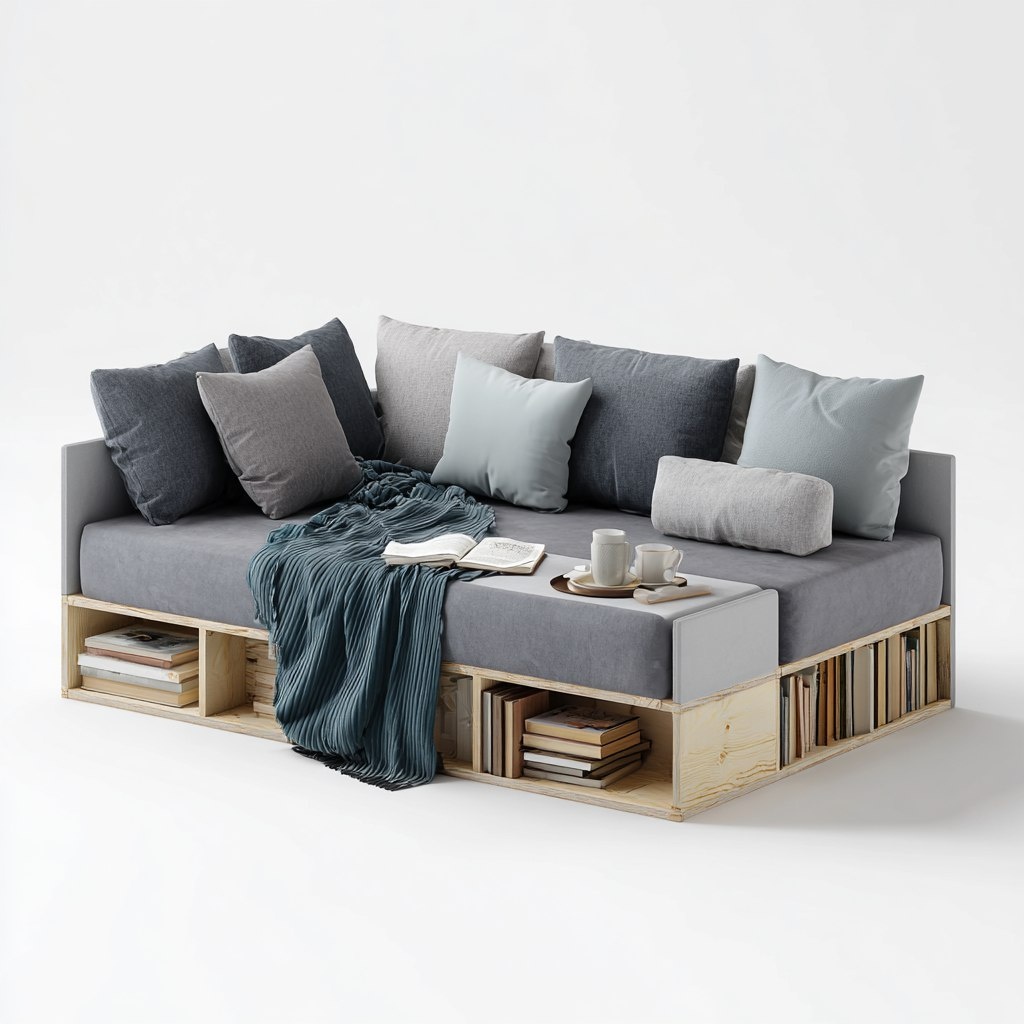 Модульный диван со стеллажом для книг Источник: Midjourney