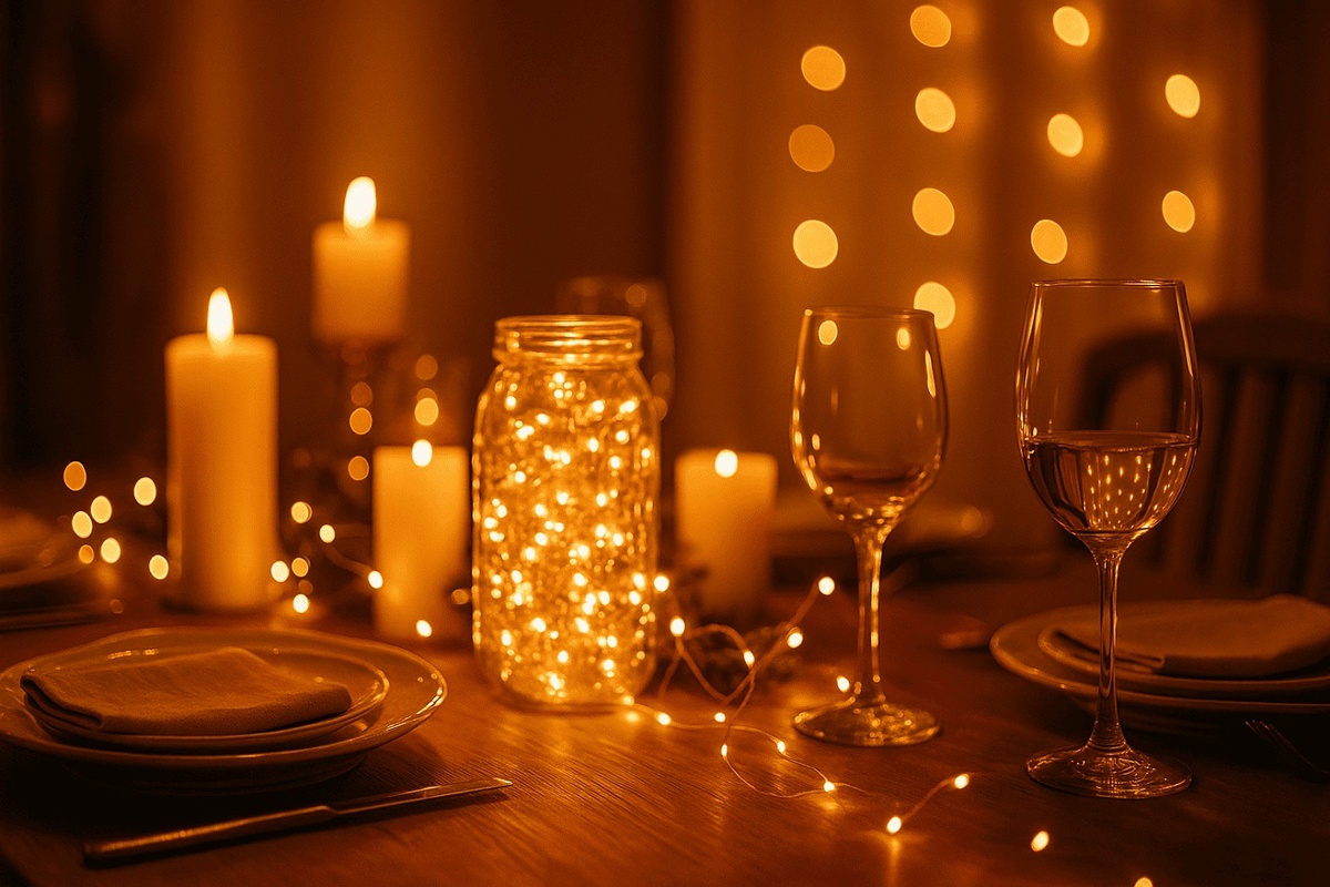 Тёплый свет и свечи создают магию новогоднего вечера.