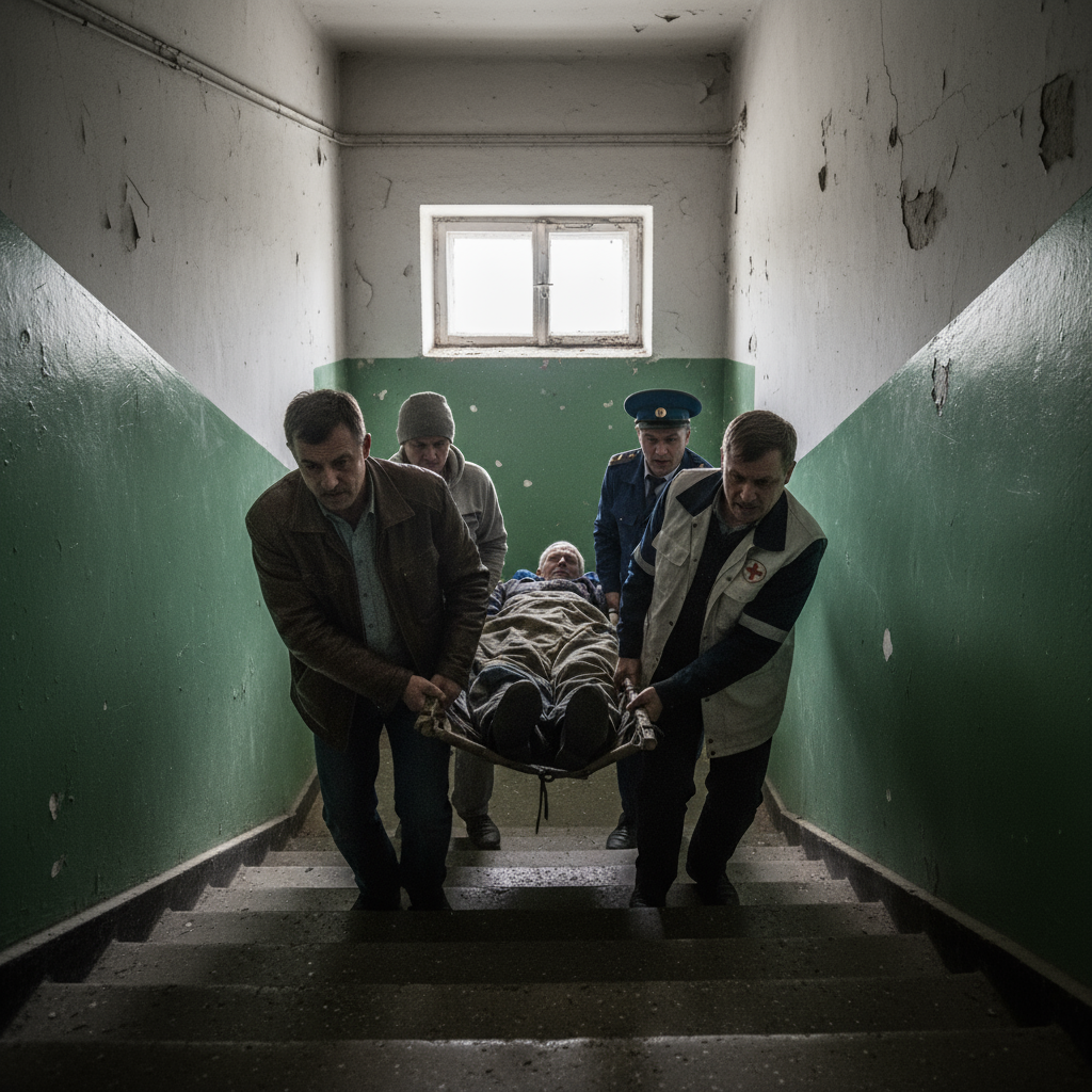 Мужчины несут больного по лестнице