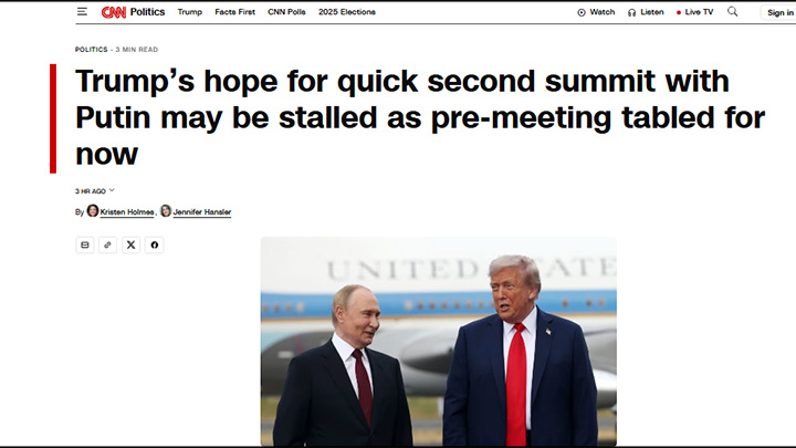    CNN: Надежда Трампа на скорую вторую встречу с Путиным может не оправдаться, поскольку подготовка к ней пока приостановлена. Скриншот: CNN