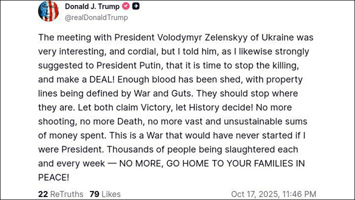    "Они должны остановиться там, где они есть", - написал Трамп в своей соцсети Truth Social