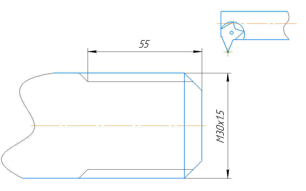 Разберем работу цикла нарезания резьбы на примере. Наружная резьба М30х1.5 (Шаг 1.5 мм).