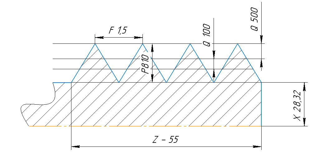 G76 P200060 Q100 R0.5;
                                           G76 X28.32 Z-55 P810 Q500 F1.5;