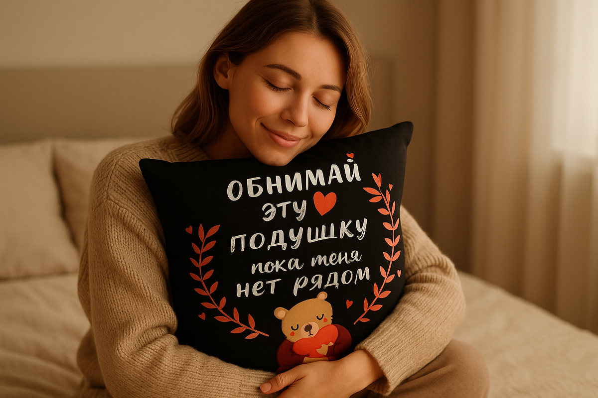 Идея подарка жене на Новый год или день рождения — подушка, которая передаёт ощущение близости.