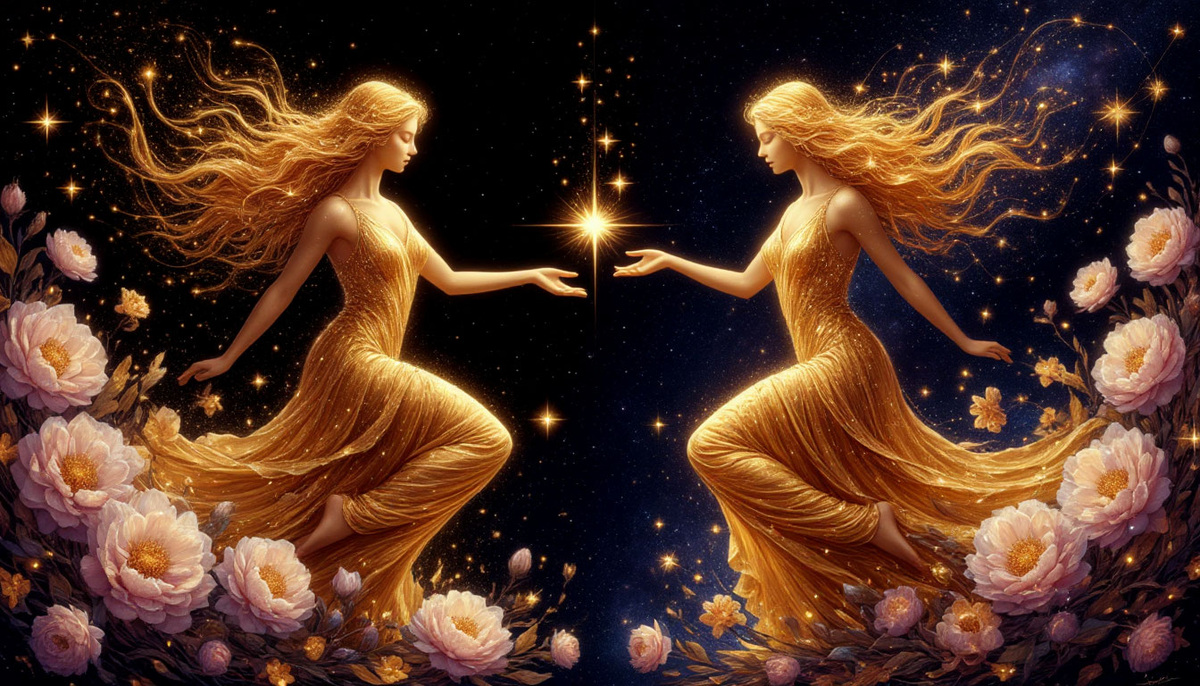 Величественный танец двух золотых сил в сердце галактики, где одна роняет звёзды, превращающиеся в цветы, а другая подхватывает увядающие лепестки, чтобы создать из них новые созвездия, воплощая вечный цикл превращения потерь в новые возможности.