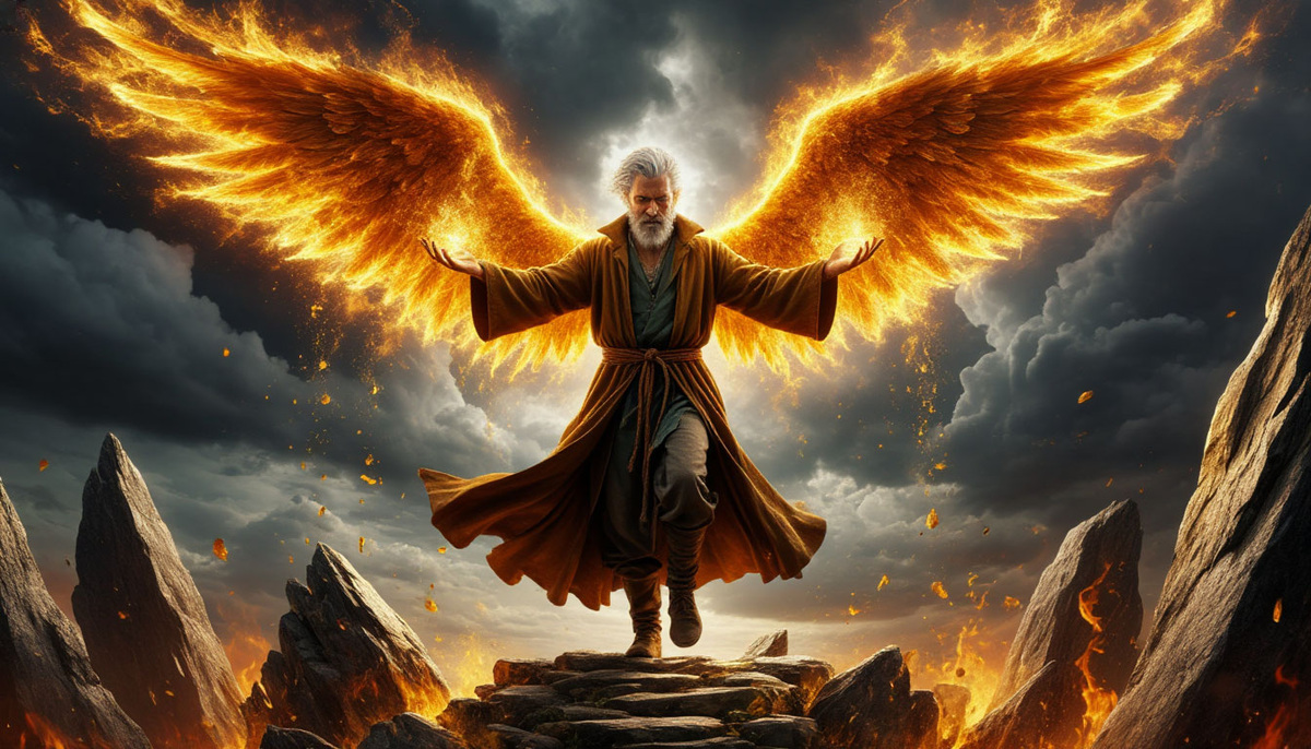 Величественный алхимик, чьи ступни превращают острые скалы обстоятельств в сияющие ступени, а в поднятых руках он сжимает грозовые тучи, из которых льется жидкое золото, питающее огненные крылья за его спиной.