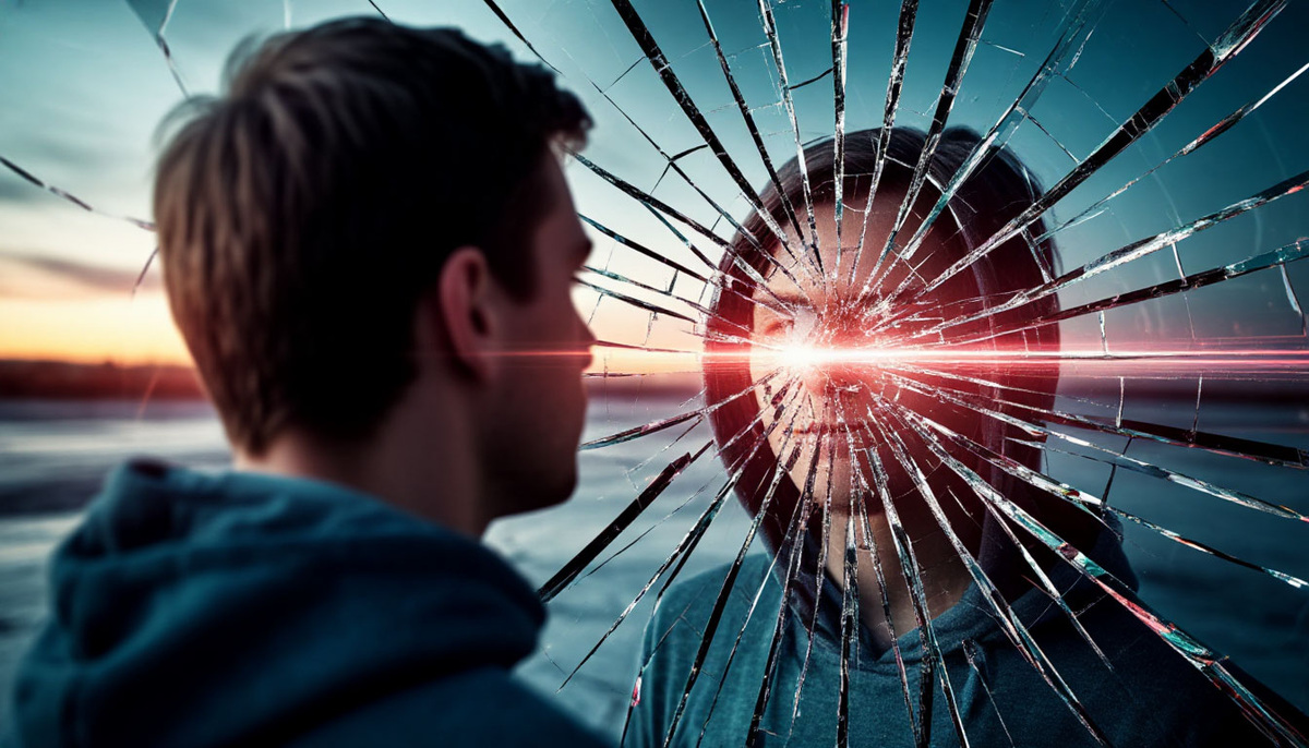 Величественный квантовый переход: человек смотрит в разбитое зеркало "неудачи", но вместо осколков видит голографические линии перепрограммирования, которые собирают новую реальность, где каждый осколок становится сияющим элементом нейронной сети, простирающейся к горизонту возможностей.