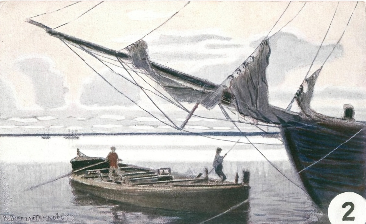 В.В. Переплетчиков. Поморы въезжают в Архангельский порт. Холст, масло. 1900-е годы.