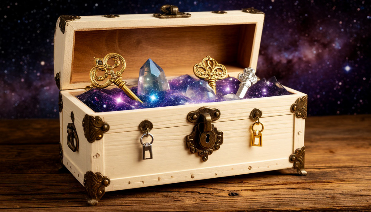Величественный сундук из слоновой кости с тремя ключевыми отверстиями, в которые вставлены ключи-артефакты: кристальный — из ясности, золотой — из действия и платиновый — из принятия, при повороте которых механизм Вселенной приходит в движение, открывая за сундуком бездонное сияющее пространство галактик, готовых к сотворению.