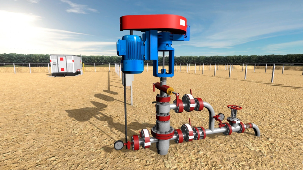 Наземное оборудование винтовой штанговой насосной установки (ВШНУ). Рисунок взят из: https://fgoskomplekt.ru/catalog/vr-i-ar-dlya-obrazovaniya/vr-trenazhery-i-laboratorii-/neft-i-gaz1/ustanovka-shtangovogo-vintovogo-nasosa-ushvn/ 