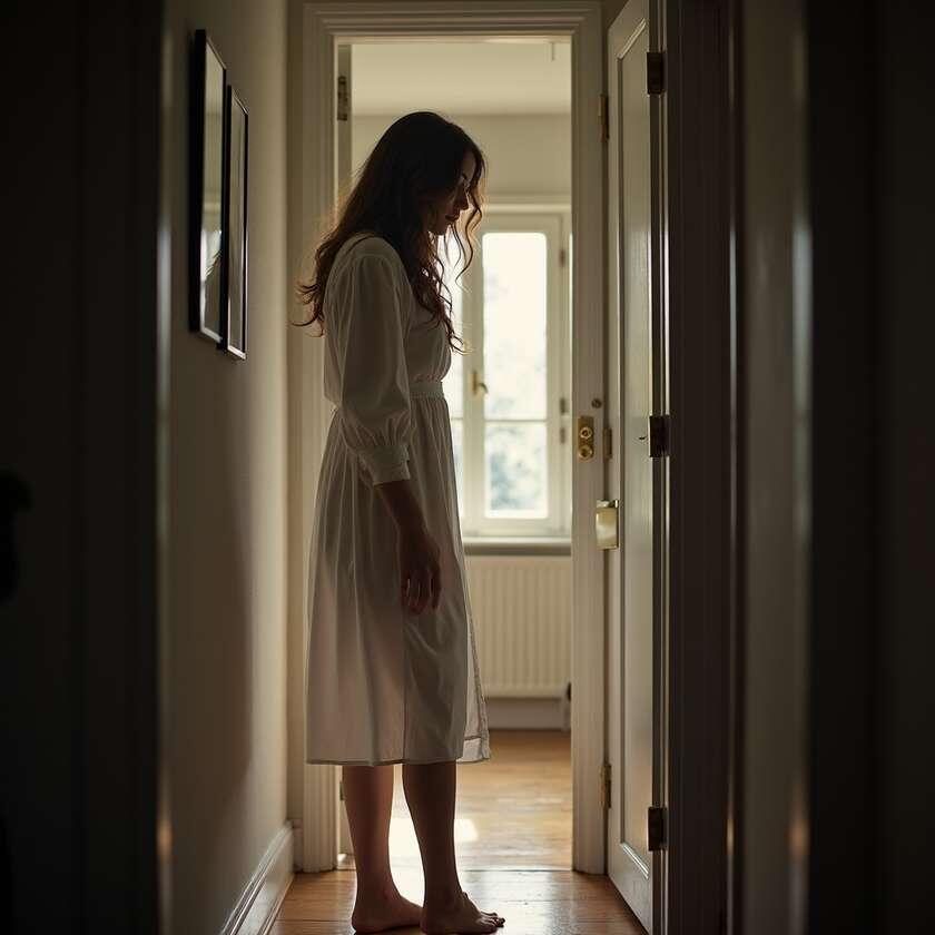 Она стоит у приоткрытой двери, босая, в домашнем халате. Свет из коридора мягко освещает её лицо, где читается вся боль невысказанных слов. В её глазах — вопрос, который она боялась задать годами. Иногда самые важные разговоры начинаются с простого наблюдения...