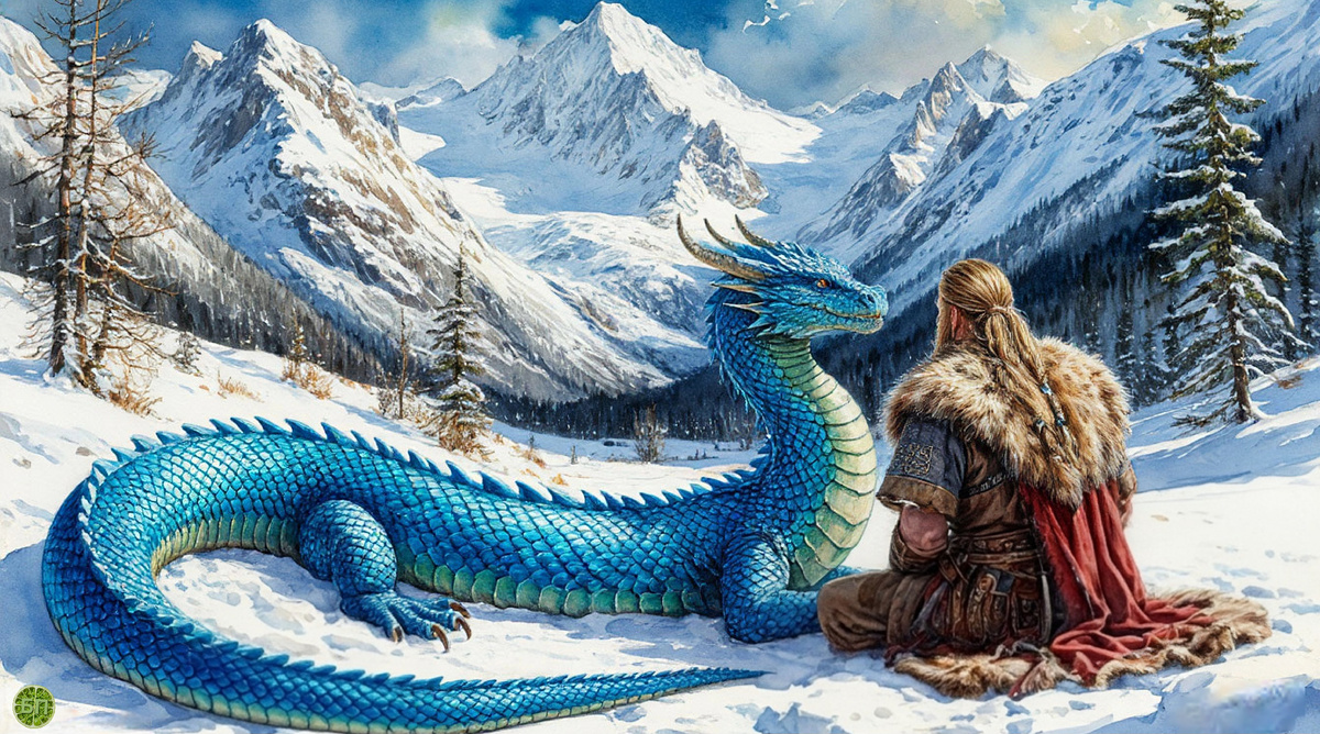 Молодой путник замерзал в горных снегах, Фрея сжалилась над красивым юношей, попросила первородных змеев согреть его своим неопаляющим огнем. Радужными змеев называют потому, что каждый из них был окрашен в один из цветов радуги. 