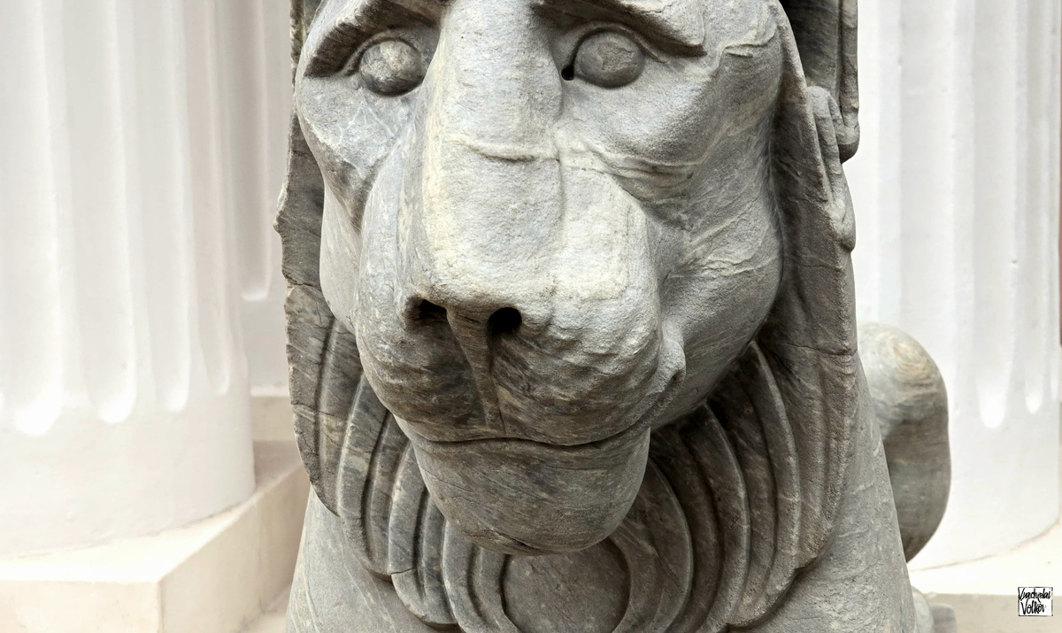 Один из каменных львов у парадного входа в Египетский зал усадьбы в Останкино. Москва. Останкино.