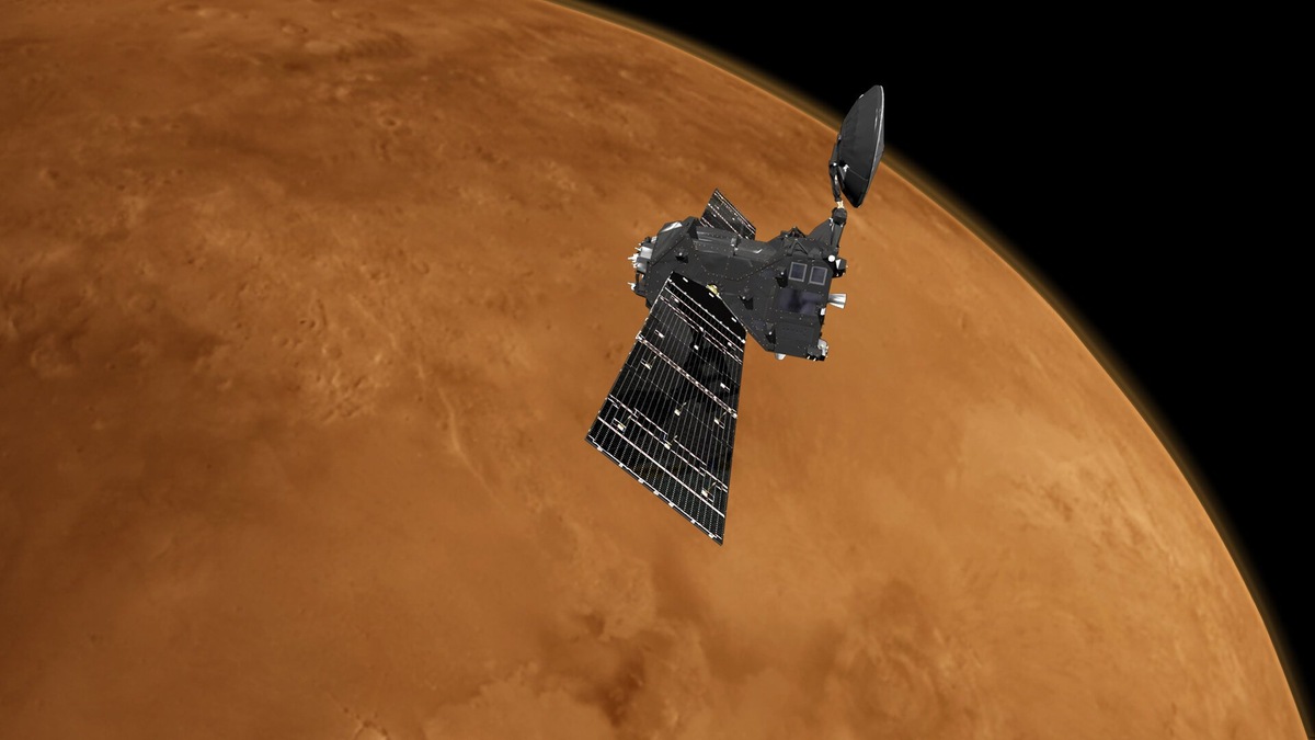 Художественное изображение орбитального аппарата ESA ExoMars Trace Gas Orbiter (TGO), изучающего атмосферу Марса. Источник: ESA/ATG medialab*