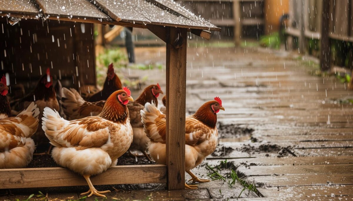 Куры под навесом во время дождя, с перьев стекают капли воды