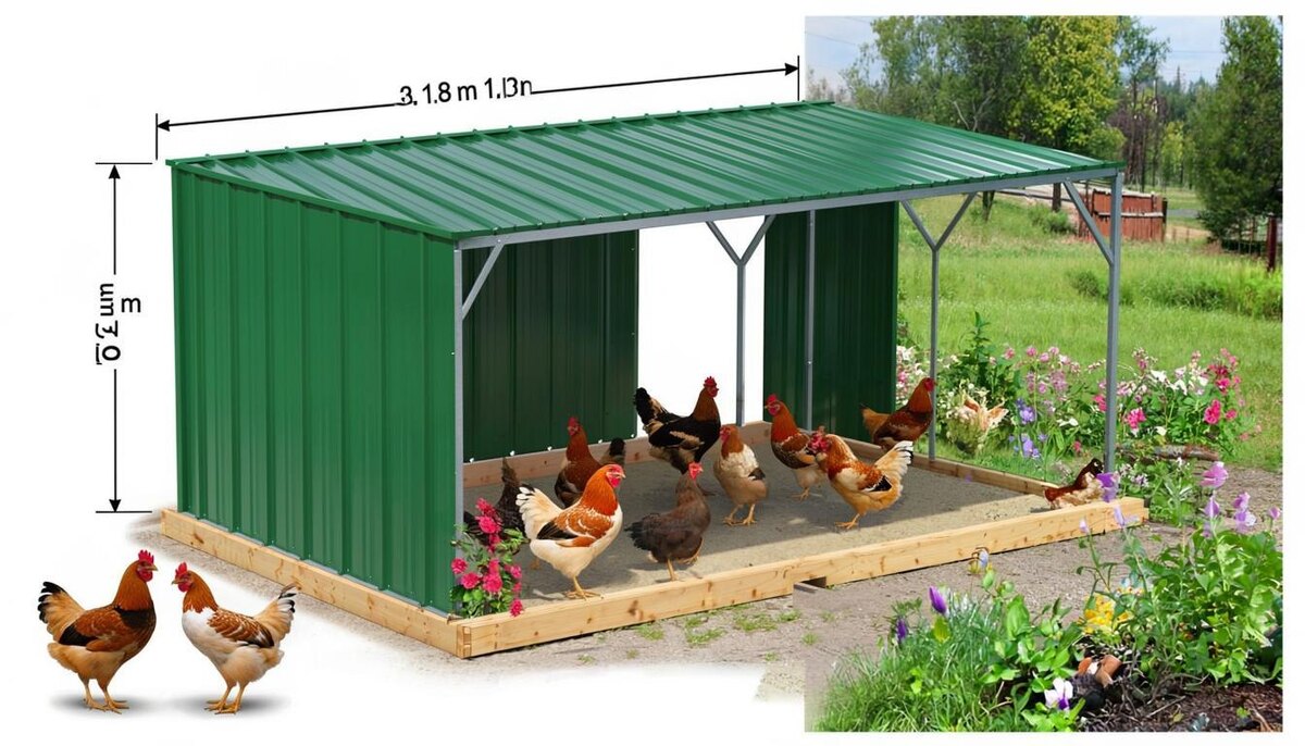  Схема навеса над выгулом с указанием размеров (2 х 3 м), фото реального навеса в моём хозяйстве