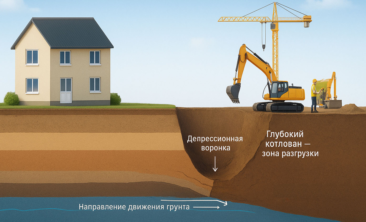 Фото: Инженерный разрез: движение грунтов и влияние котлована