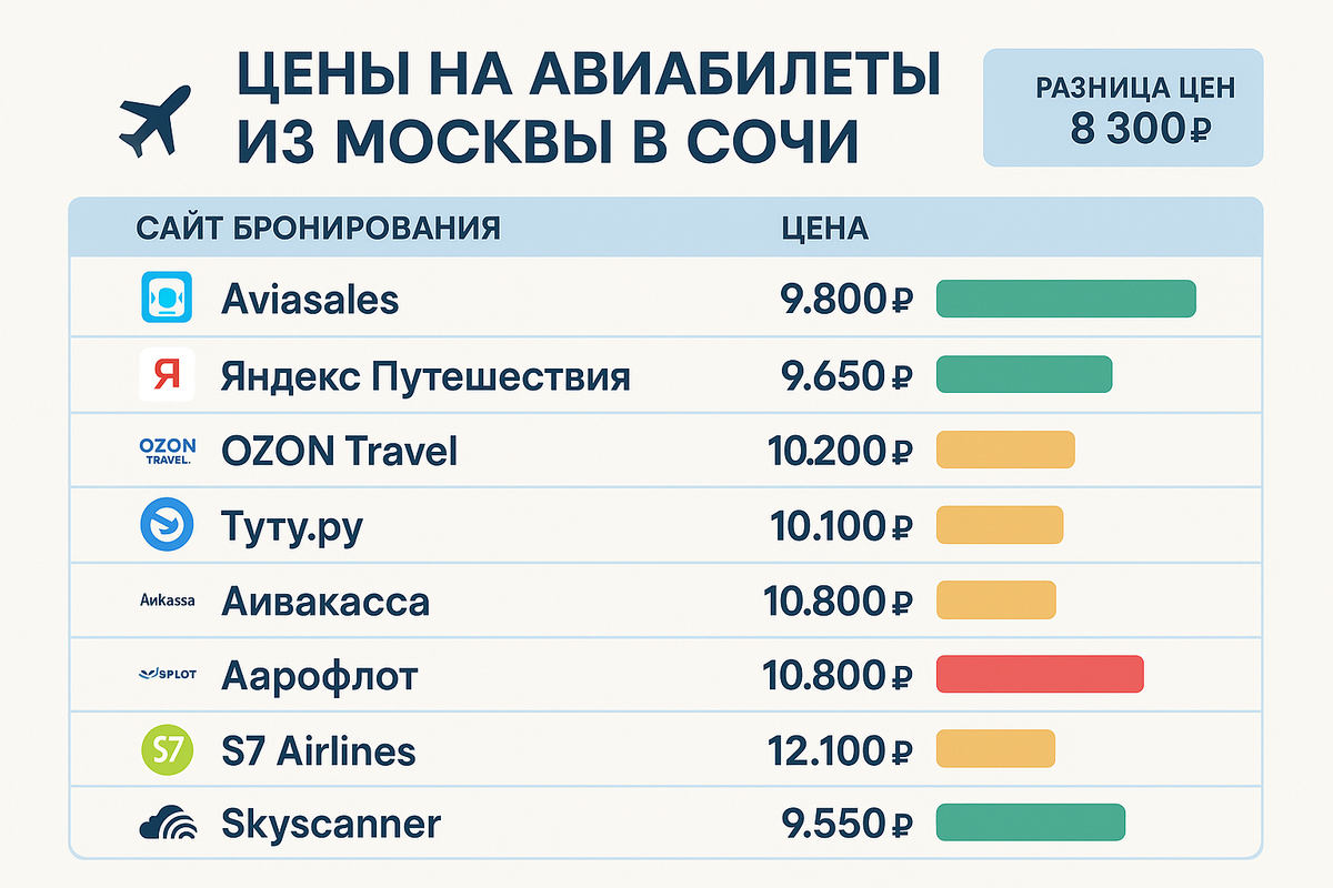 Сравнение цен на один и тот же рейс Москва-Сочи на разных сайтах. Вобщем разница между самым дешёвым и самым дорогим — 8 300 рублей! За один и тот же перелёт, представляете? Вот почему надо сравнивать цены на нескольких агрегаторах, а не покупать на первом попавшемся сайте.
