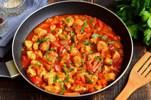 Свинина, тушеная со сладким перцем и морковью в томатном соусе