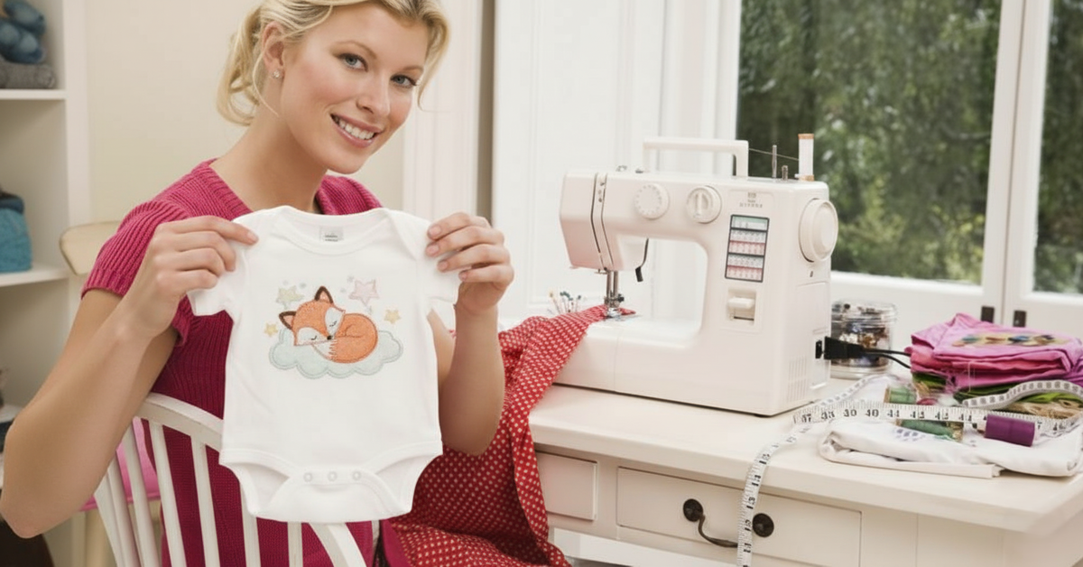 женщина шьет одежду для новорожденного