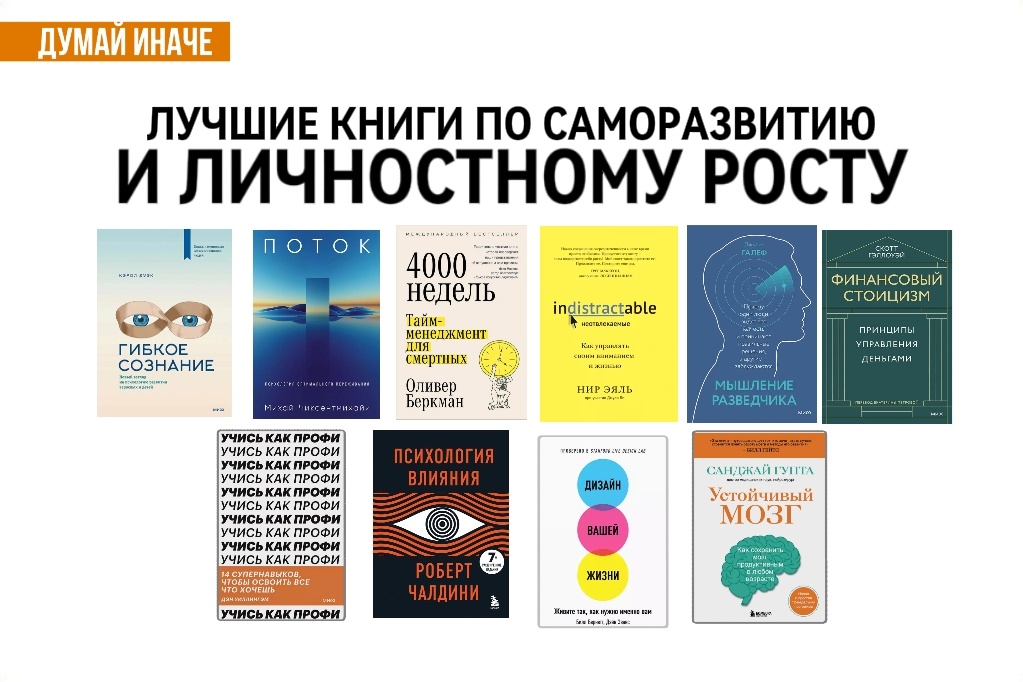 Кэрол Дуэк «Гибкое сознание». Михай Чиксентмихайи «Поток». Оливер Беркман «4000 недель». Нир Эяль «Неотвлекаемые», Джулия Галеф «Мышление разведчика», Скотт Гэллоуэй «Финансовый стоицизм», Дэн Уиллингэм «Учись как профи», Роберт Чалдини «Психология влияния», Билл Бернетт, Дэйв Эванс «Дизайн вашей жизни», Санджай Гупта «Устойчивый мозг» 