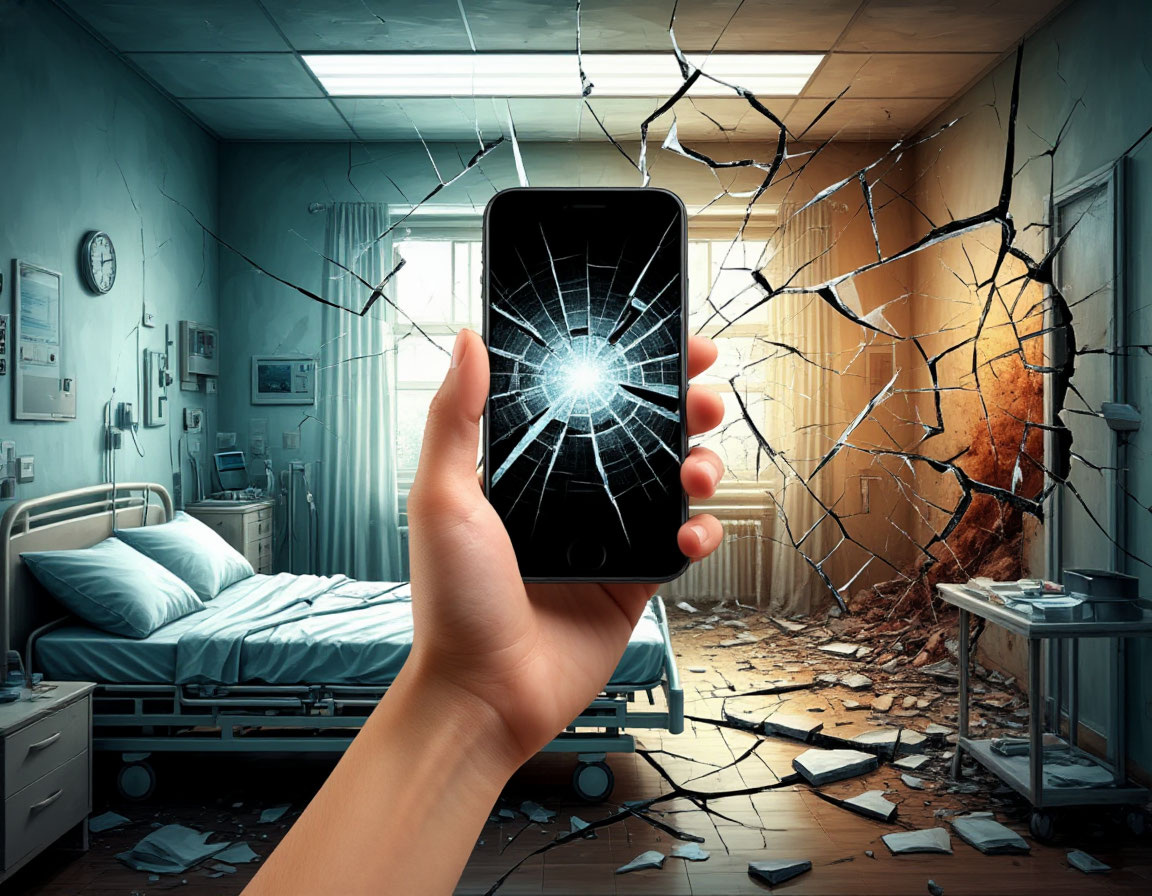 Внутренняя битва после войны. Визуальная метафора посттравматического состояния: смартфон с треснувшим экраном символизирует сломанные механизмы коммуникации и тщетные попытки контроля над миром через одобрение в соцсетях. Диссоциация и наложение реальностей — больничной палаты и поля боя — отражают работу травмированной психики, где прошлое постоянно прорывается в настоящее. Холодные синие тона клинической обстановки конфликтуют с агрессивными огненно-красными всполохами войны, визуализируя внутренний конфликт между стремлением к покою и неконтролируемым аффектом. Этот образ — прямое отражение коллапса копинг-стратегий и поиска новых форм адаптации.