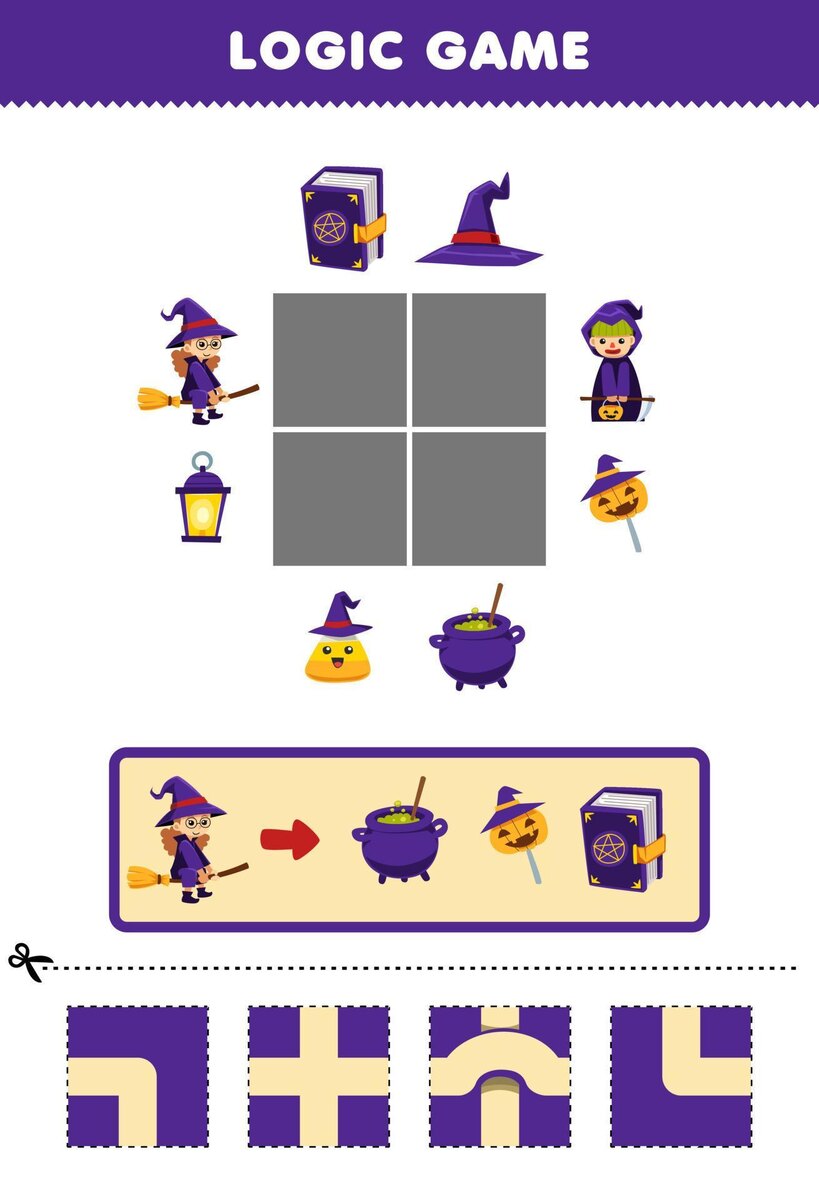 Источник головоломки: https://www.vecteezy.com/vector-art/11209866-education-game-for-children-logic-puzzle-build-the-road-for-witch-move-to-cauldron-candy-and-spell-book-halloween-printable-worksheet