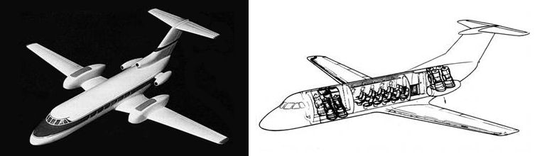 Варианты Як-40 с вертикальным взлётом и посадкой — подъёмные двигатели в гондолах на крыле и спереди и сзади фюзеляжа