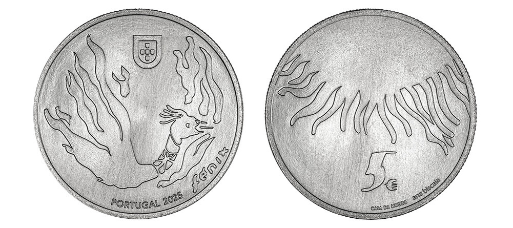    Памятная монета Португалии 5 евро с Фениксом из серии Герои и существа мифологии, 2025 год
