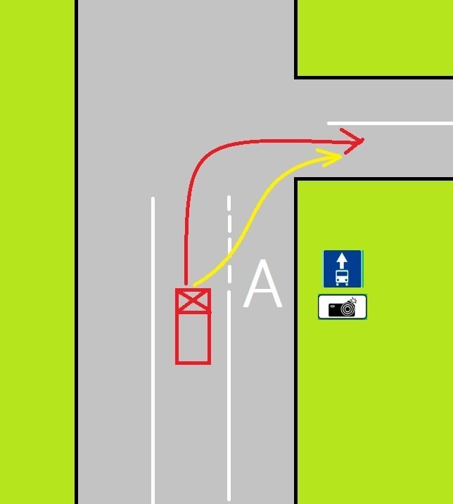 Как видим по рисунку, непосредственно перед поворотом направо сплошная переходит в прерывистую линию разметки, а это значит, что водитель обязан перестроится на полосу для маршрутных транспортных средств и совершить поворот направо с неё. ПРАВИЛЬНО ПОВЕРНУТЬ ПО ЖЁЛТОЙ ТРАЕКТОРИИ.