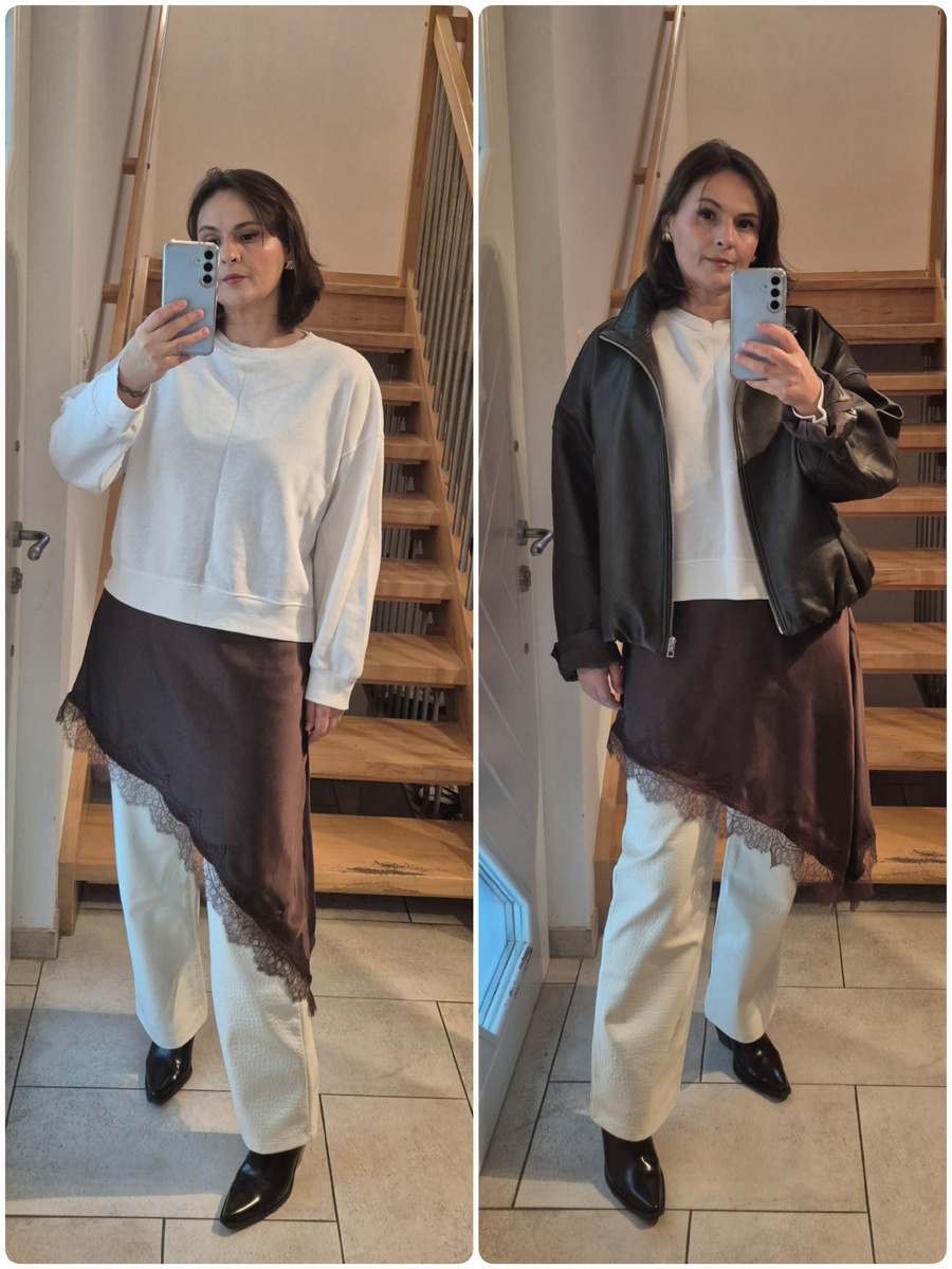 Мой вариант сочетания белого с коричневым. Это примерно; есть и более свободные белые брюки и толстовка получше качеством.