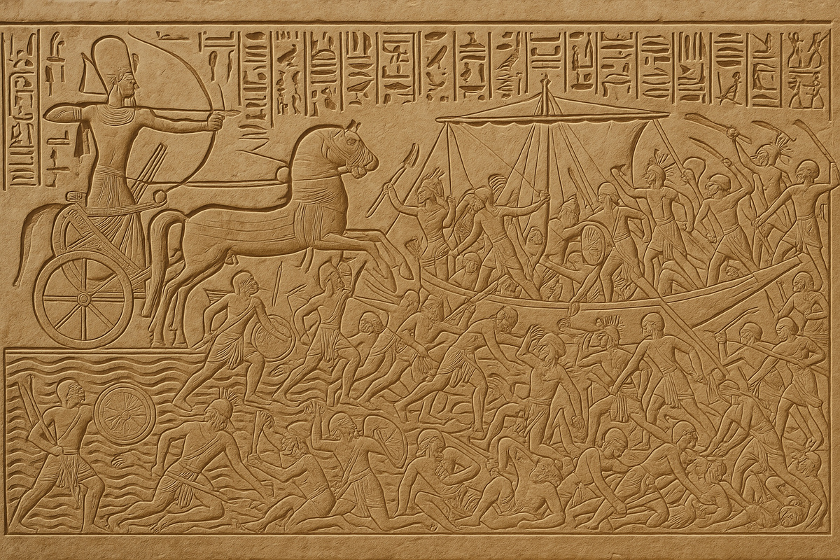 «Народы моря» в изображении египтян. Рельеф из заупрамного храма Рамсеса III в Мединет-Абу — одна из немногих наглядных свидетельств великого катаклизма.