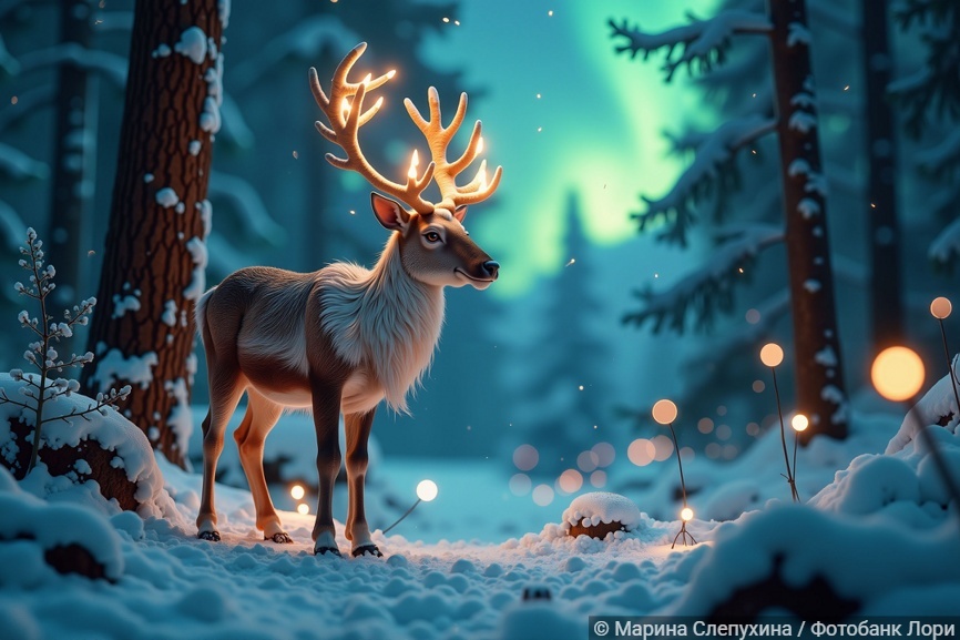 Волшебный олень со светящимися рогами в зимнем лесу на фоне полярного сияния