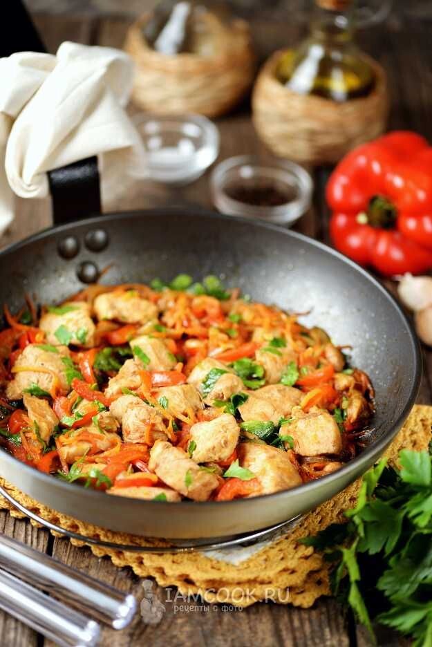 На сковороде тушатся курица и овощи — процесс приготовления блюда