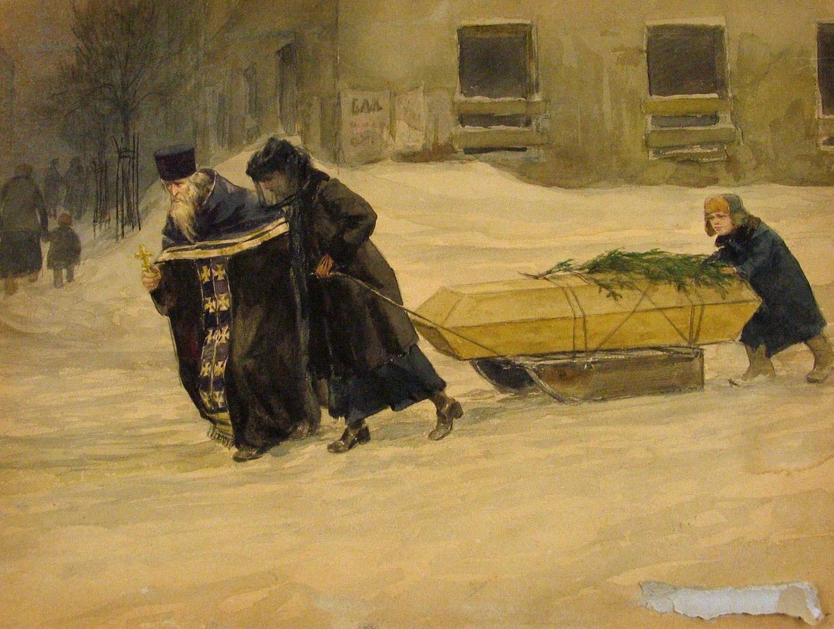 Держите для вдохновения. Работу "В последний путь" (дата создания 1917-1918)  кисти художника Владимирова Ивана Алексеевича (1869–1947). Частная коллекция. Бумага, акварель,