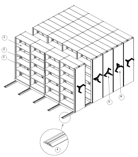 Конструкция мобильных стеллажей с механическим управлением  "Фирма "Сатурн"