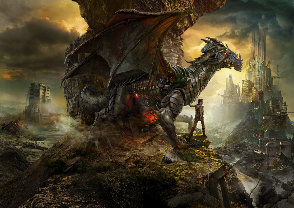 Джейн (ГГ) и ее железный дракон Меланхтон (художник - С. Шикин, artstation.com).