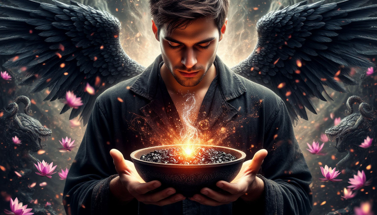 Величественный алхимик, в чьих руках чаша скудности превращается в сияющий реактор, где черный уголь нужды под давлением спокойного взгляда преобразуется в алмазные вихри желания, а цепкие щупальца недостатка становятся лепестками лотоса, из центра которого бьет фонтан ослепительной энергии, питающей крылья за спиной.