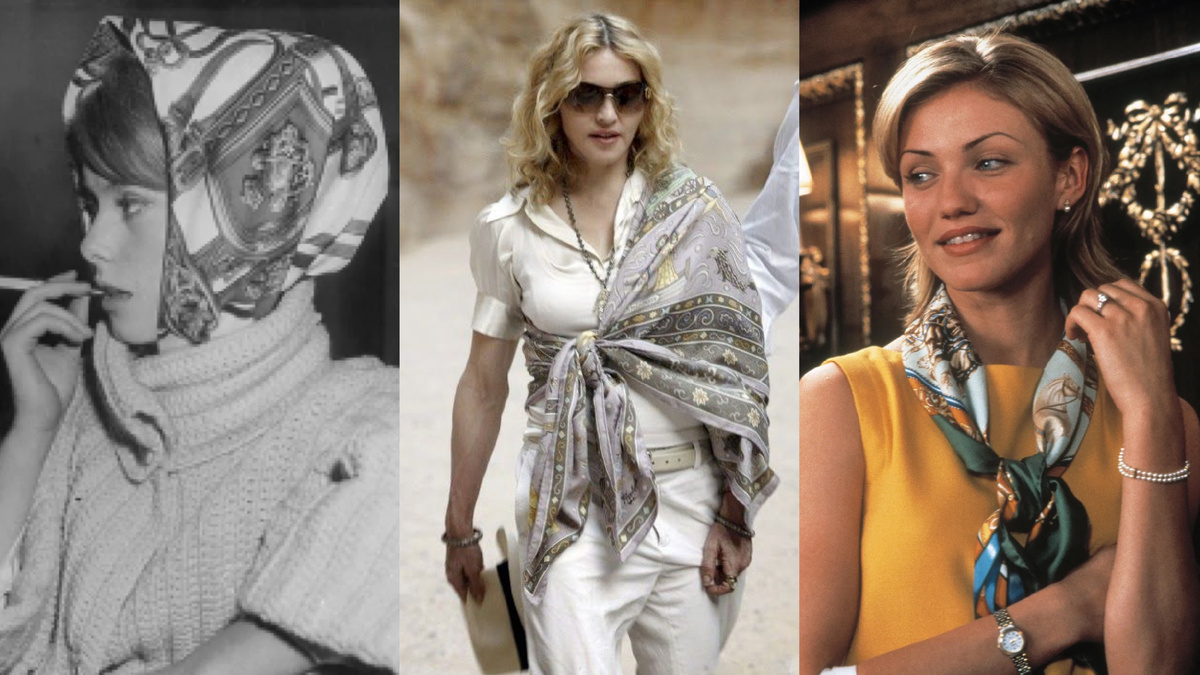 Катрин Денёв, Мадонна и Кэмерон Диас в платках от Hermès.