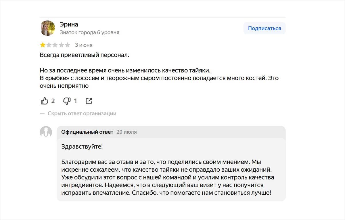 Хороший пример отработки негатива от лица компании (сфера HoReCa).