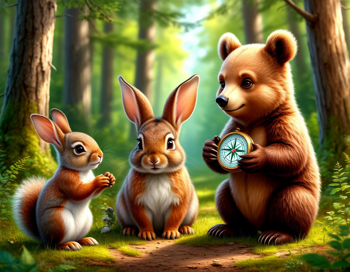 Что бывает, когда три неразлучных друга — непоседливый зайчонок Кнопка, сообразительная белочка Шустрик и осторожный медвежонок Топтыгин — находят настоящий волшебный компас? Конечно же, самые невероятные приключения! Им предстоит разгадать хитрые загадки важного Лося, участвовать в битве юмора с хохотальными гномиками и даже переплыть озеро, хотя один из них панически боится воды. 
Но самое главное открытие ждёт их в конце пути — оказывается, волшебный компас может привести не только к сокровищам, но и к пониманию того, что настоящие богатства нельзя положить в сундук. Юмористическая сказка о дружбе, храбрости и о том, что самое увлекательное приключение — это путь к сердцу друга.
