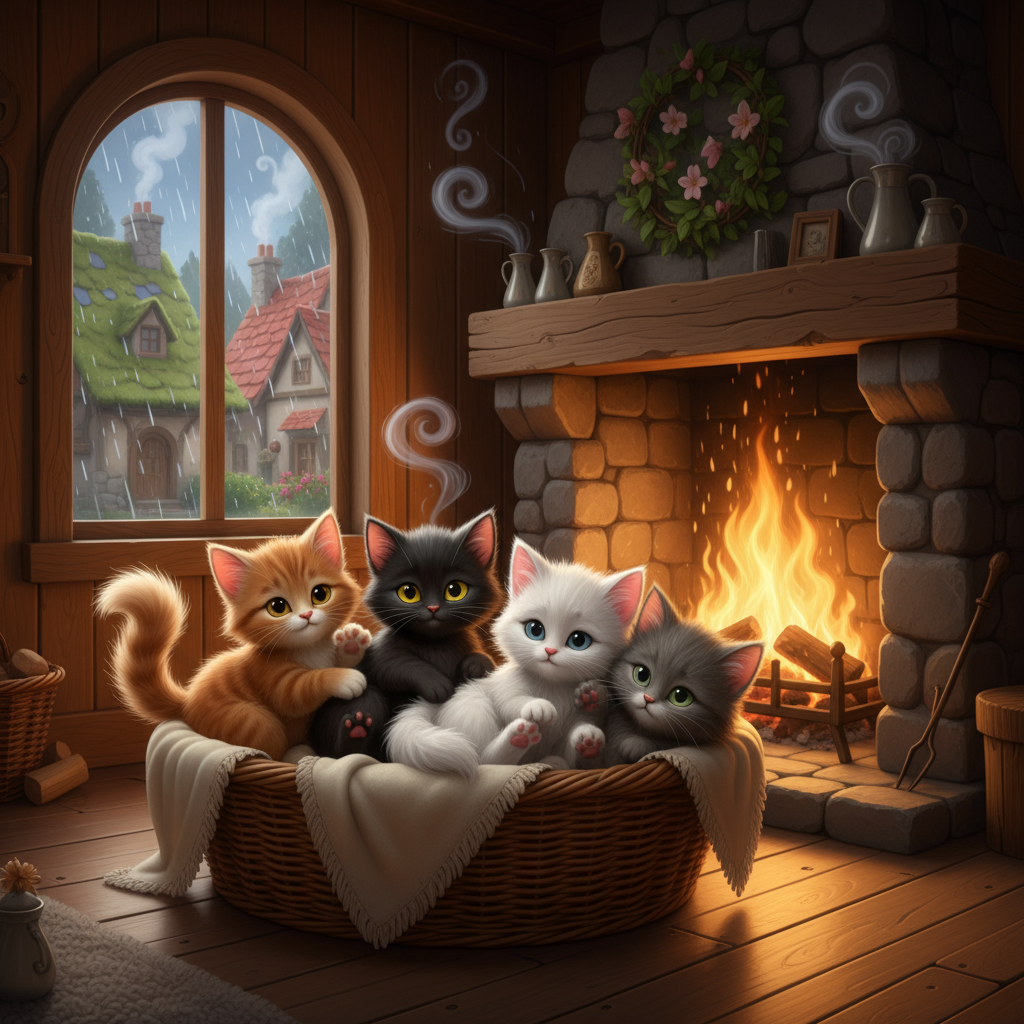 Каждое утро они выбегали во двор, открывали зонтик, и небо щедро осыпало их сладостями. Они наелись до отвала и даже сделали запасы, спрятав конфеты под своими подушками.