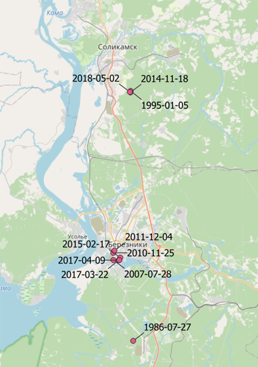 Карта провалов в Березниках и Соликамске